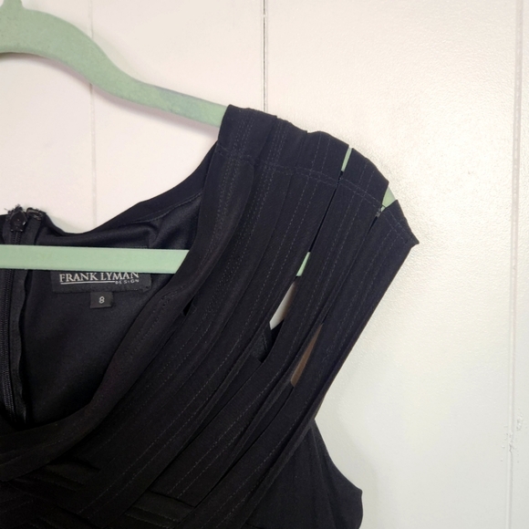 Frank Lyman Black Shutter Bandage V-Neck Cap Sleeve Sheath Dress Stretch Size 8 - Picture 4 of 12